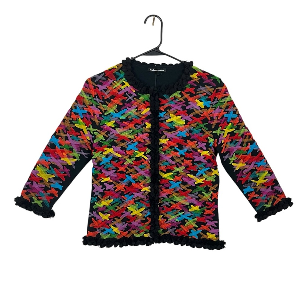 Michael Simon NWT Rainbow Colorful Woven Tulle Women's Black Knit Cardigan Small